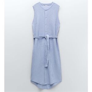 Zara NWOT Textured Woven Sleeveless Maxi Blue snap down Dress With Belt Woman M